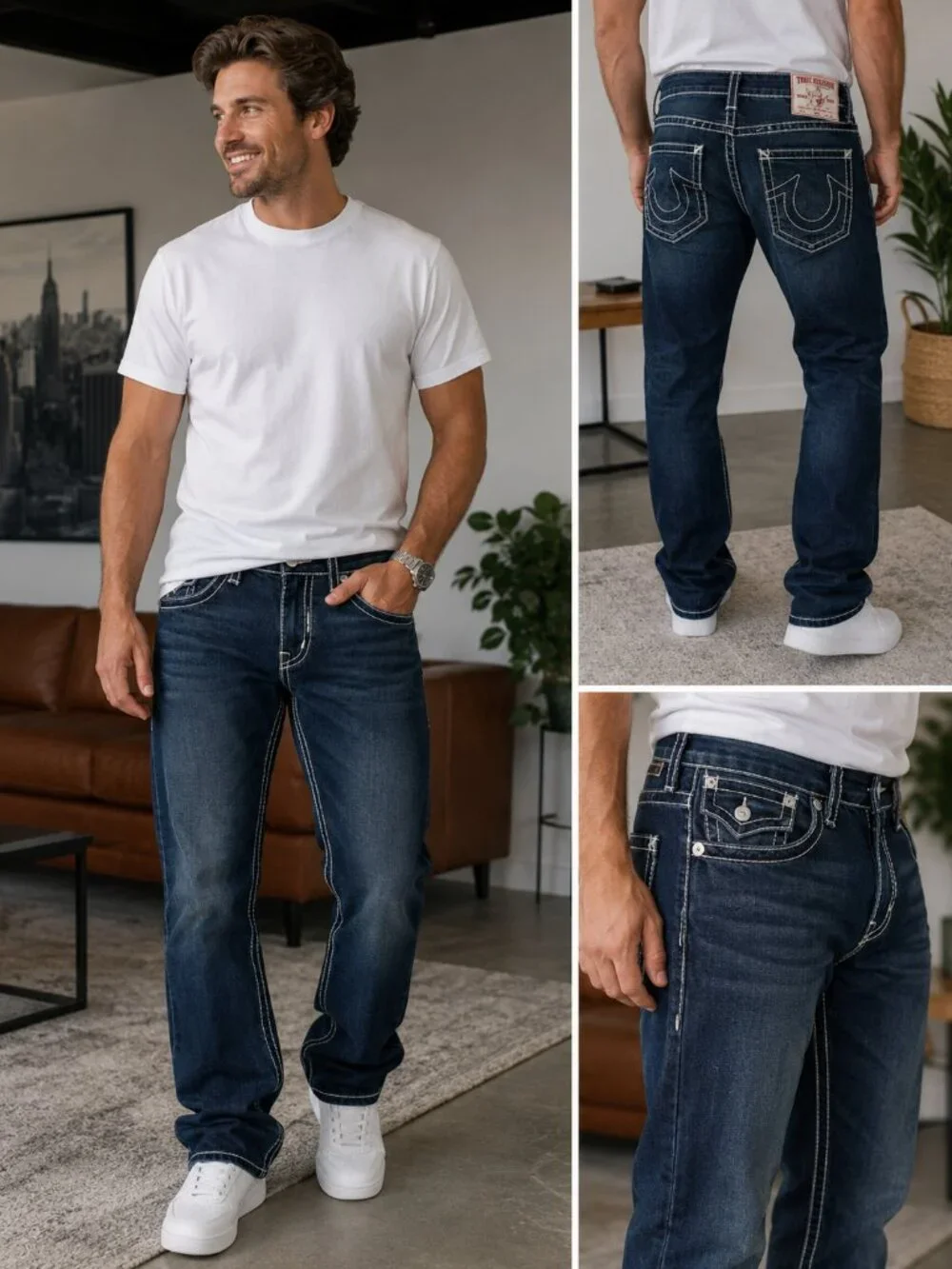 True Religion Ricky Relaxed Straight Men’s Jeans 36 Dark Wash White Stitching qn
